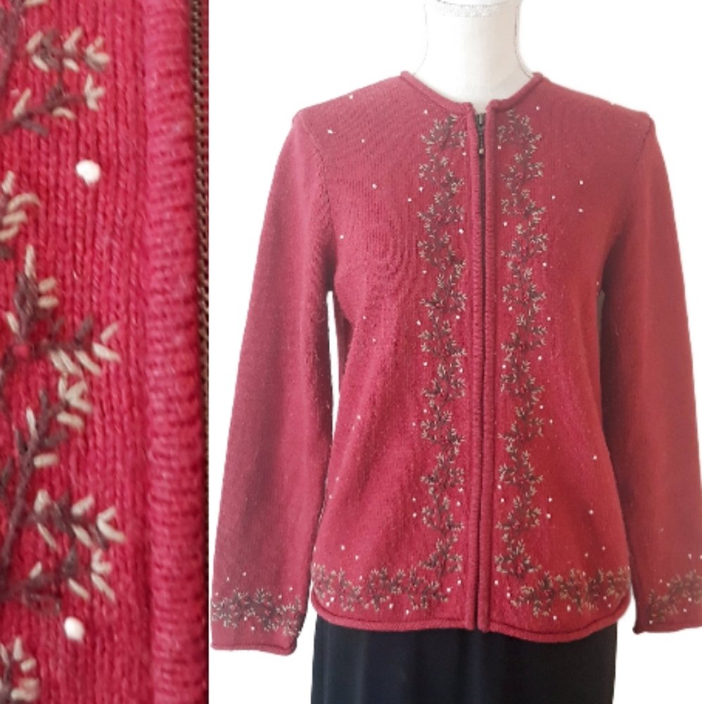 Croft & Barrow Red Embroidered Holly Berry Zip Up Cardigan Sweater - Size Small